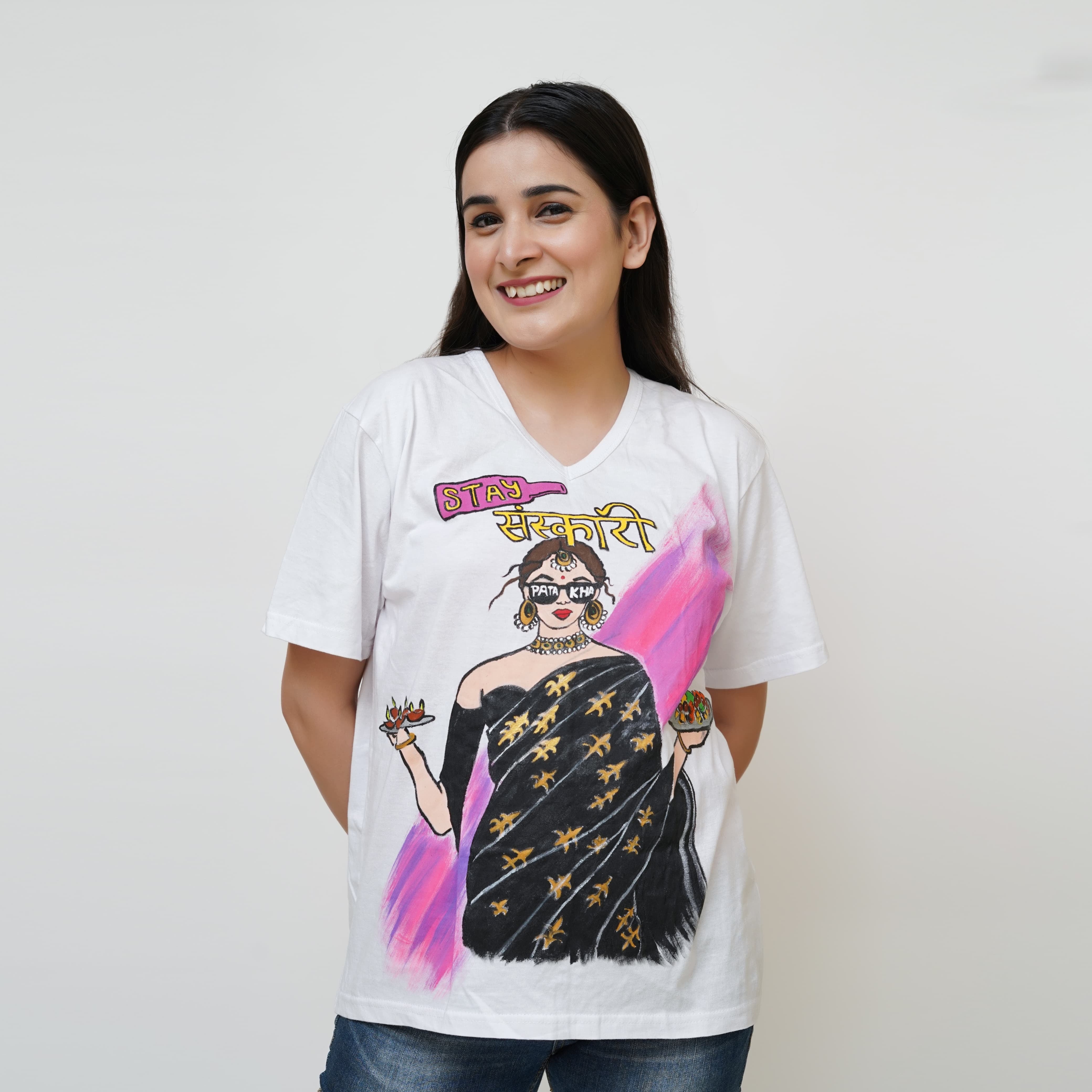 Hand Painted Stay Sanskari T-shirt