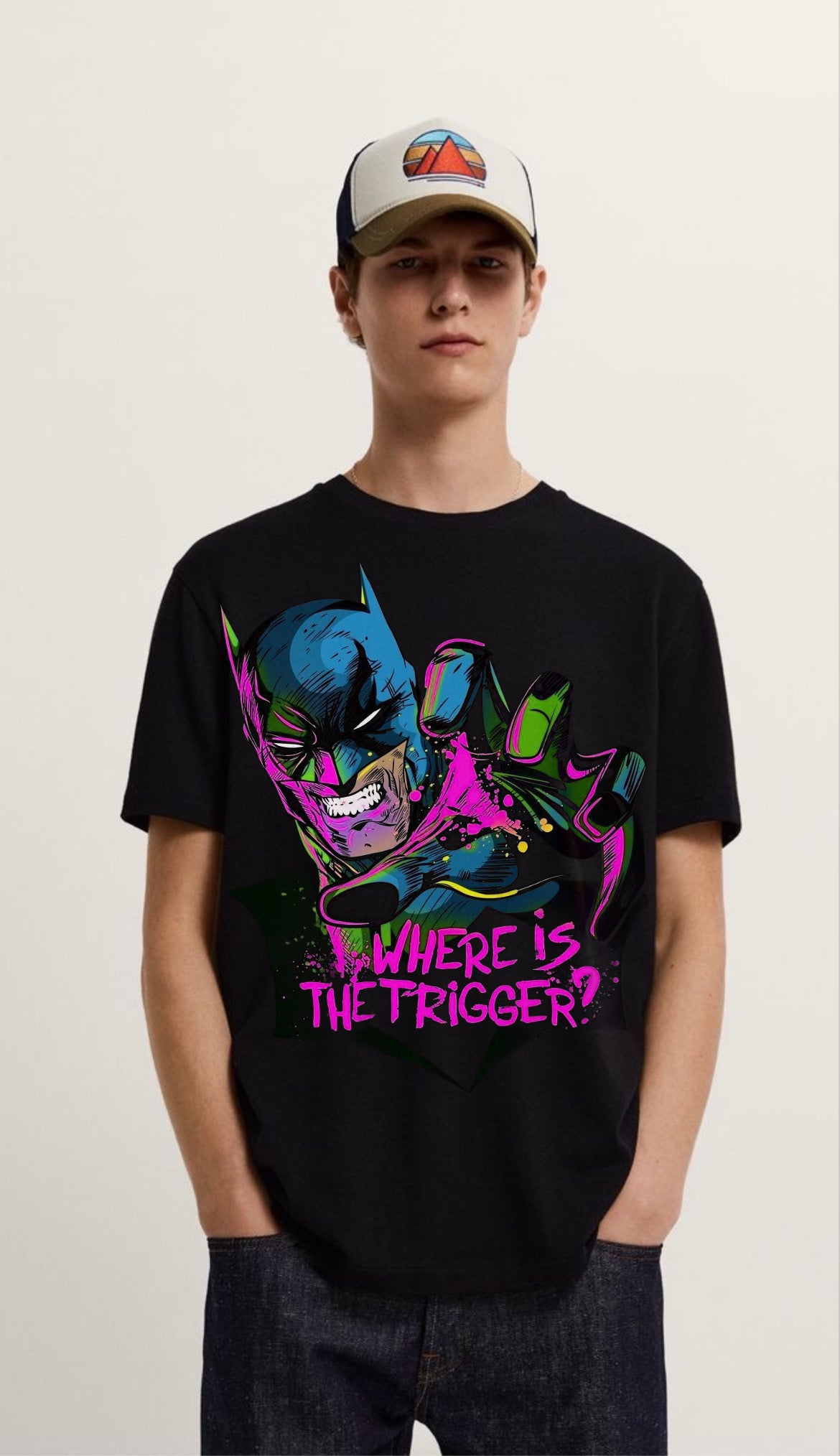 Unleash the Dark Knight: 'Where is the Trigger' Hand-Painted Batman T-Shirt