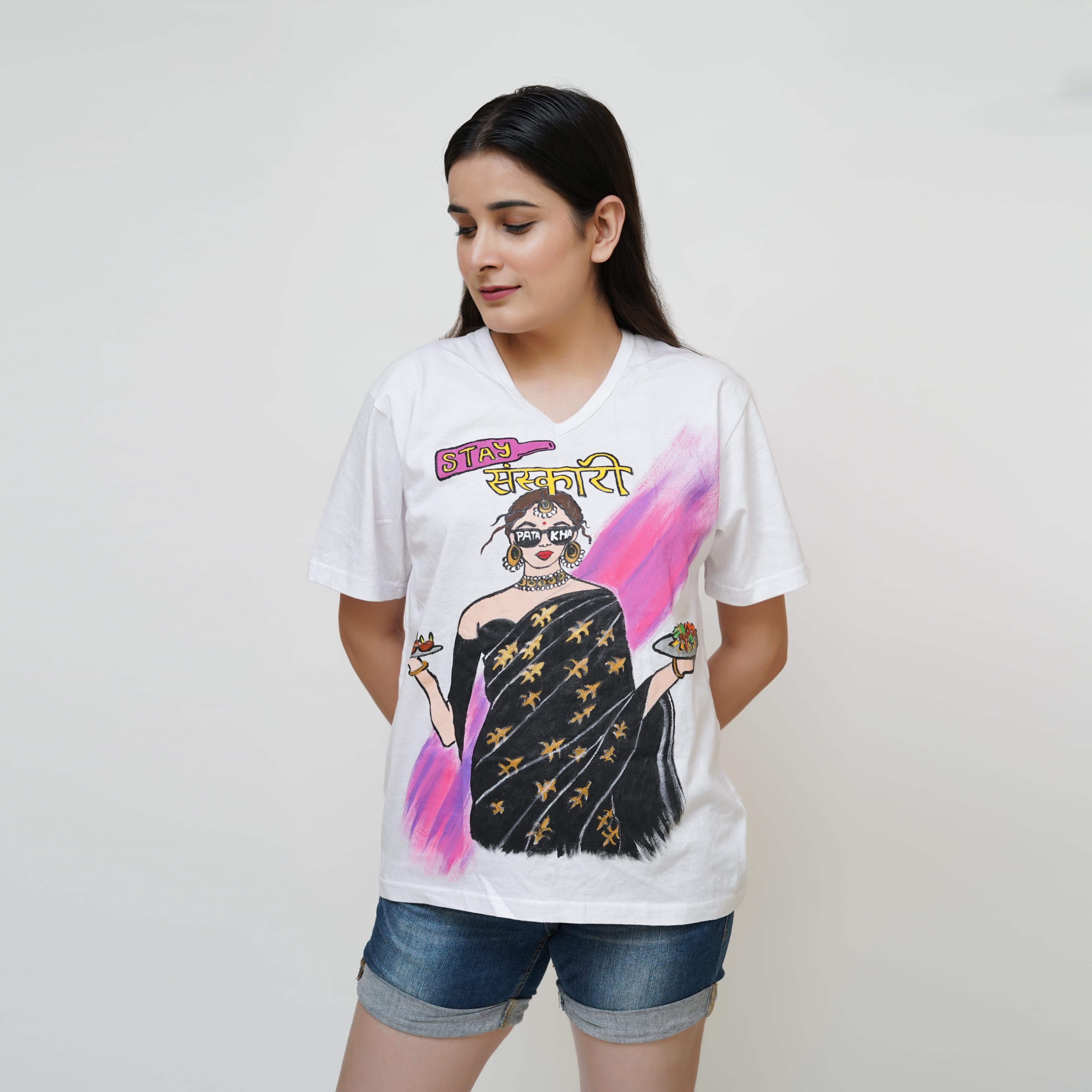 Hand Painted Stay Sanskari T-shirt